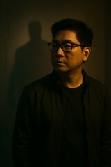 Obraz premium Moody Portrait of a Man with Hero Shadow on the Wall