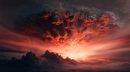 Asteroid shockwave flattening mountains with molten clouds in scarlet sky