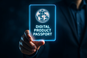 Hand touching holographic Digital Product Passport interface with pixelated globe and authentication display, symbolizing global traceability and smart product verification
