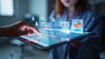 Corporate Executive Interacting with Advanced Hologram Interface for Business Intelligence, Analytics, and Strategy Planning