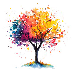 Watercolor painting of a vibrant colorful tree on black background art illustration