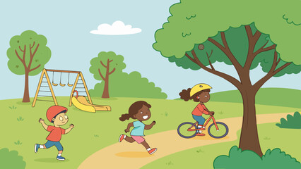 Diverse children enjoying a sunny day at the park with one riding a bicycle another running and a third near a playground with swings and a slide