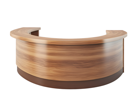 Modern curved reception desk with a warm wood finish and a sleek design isolated on transparent background