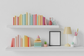Colorful books displayed on a shelf and table in a cozy room interior