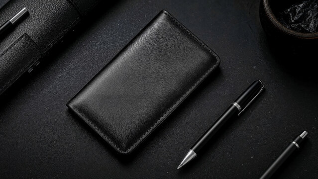 Elegant black leather wallet with smartphone and pen