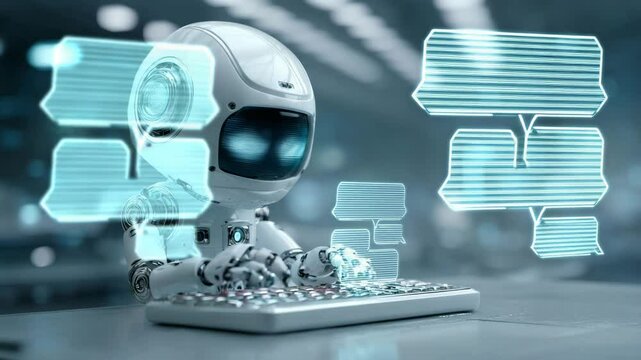 AI-powered assistant robot typing on virtual keyboard with online chat screen in front, futuristic tech hub background