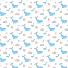 Cute whale and seashell seamless pattern