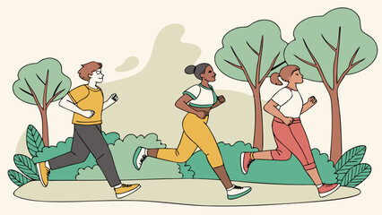 Obraz premium Diverse group of three friends enjoying a healthy outdoor run together through a scenic park on a bright sunny day surrounded by lush green trees and foliage