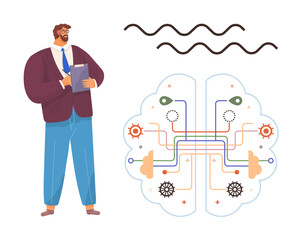 Man holding a clipboard observing a brain diagram with neural pathways, wires, and gears. Ideal for creativity, neuroscience, innovation, data analysis, problem-solving, artificial intelligence