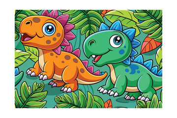 Naklejka premium Colorful Cartoon Dinosaurs in a Lush Jungle Setting Depicted with Vibrant Colors and Playful Details