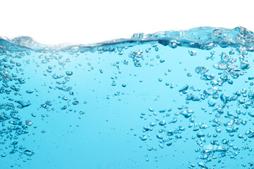 Air Bubbles Float Up in Water. Water Splashing, Pure Drinking Water, Oxygen Relaxation. Blue Water Textured on White Background.	