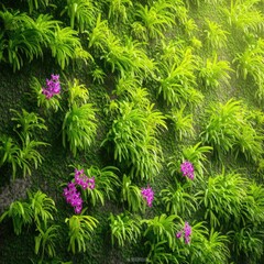 Lush Green Wall Covered with Purple Orchids