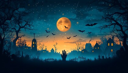Spooky halloween night with a full moon bats and haunted village graveyard