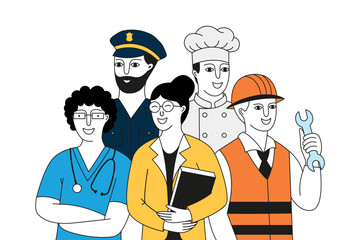 Playful doodle style illustration of diverse professionals  including a teacher, builder, police officer, doctor, and nurse celebrating Labor Day.