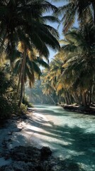 Lush Palm Grove River Scene with Dappled Sunlight