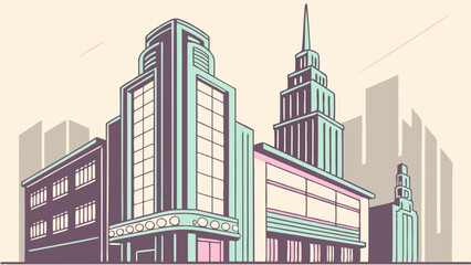 Obraz premium Stylized art deco cityscape featuring towering skyscrapers with geometric architectural details and a pastel color palette creating a retro urban scene