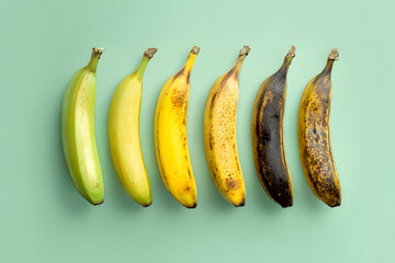 A single banana split into vertical sections, each showing a different stage of ripeness