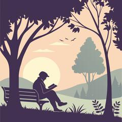 A solitary man wearing a cap sits on a park bench reading a book under the shade of a large tree during a peaceful sunset with birds flying overhead