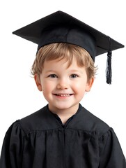 school, education and learning concept - happy little boy girl in bachelor hat or mortarboard showing thumbs up over white background