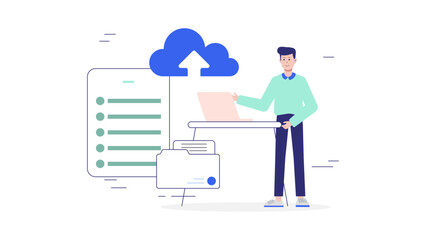 Freelancer managing files in cloud storage flat vector illustration