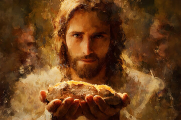Jesus Christ holding a piece of bread in His hands, symbolizing the miracle of feeding the multitudes
