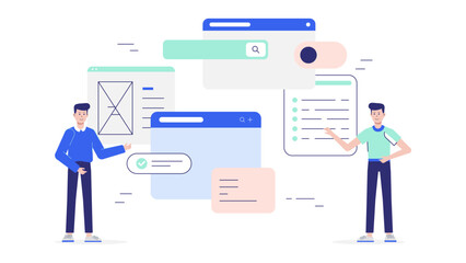 UX team reviewing user flow diagrams flat vector illustration