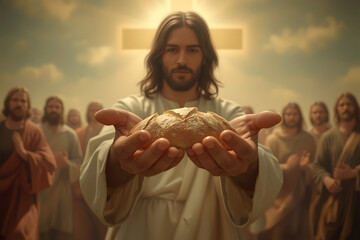 Jesus Christ holding a piece of bread in His hands, symbolizing the miracle of feeding the multitudes