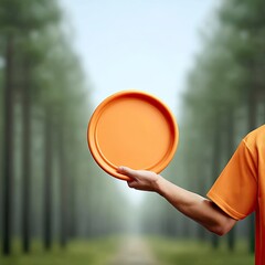 Man Throwing Orange Disc in Forest