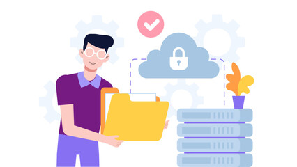 Freelancer managing files in cloud storage flat vector illustration