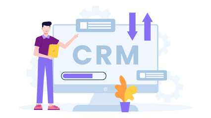 Sales rep updating CRM lead status flat vector illustration