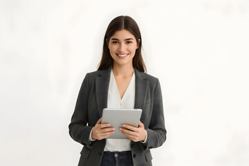 A professional young businesswoman holding a tablet with both hands while smiling confidently