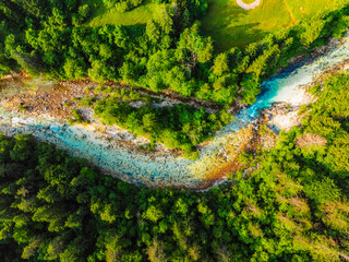 Wonderful Soca river and gorge in the green forest, Bovec, Slovenia. Kayaking destination in Slovenia in Triglav National park