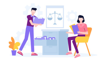 Legal team managing compliance documentation flat vector illustration