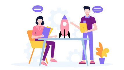 Startup team running internal innovation hackathon flat vector illustration