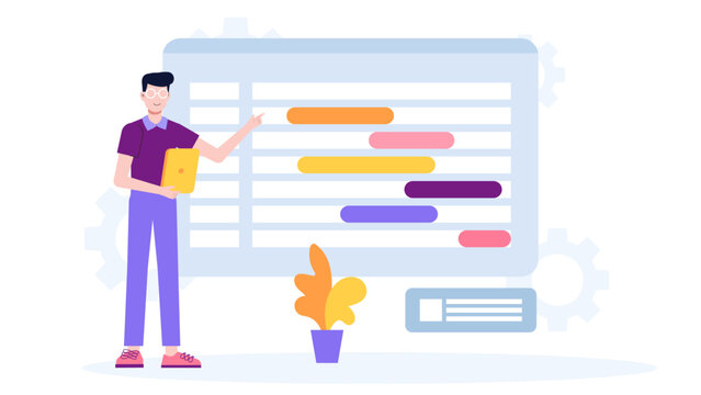 Project team setting milestones with Gantt chart flat vector illustration