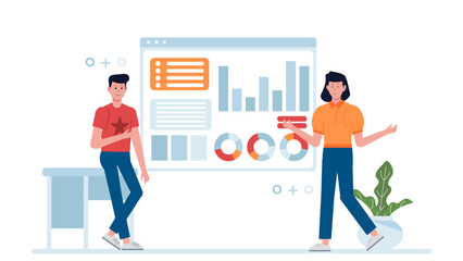 Employees using virtual whiteboard for collaboration flat vector illustration