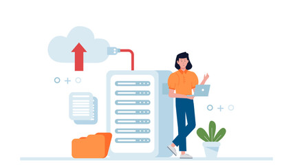 Freelancer managing files in cloud storage flat vector illustration