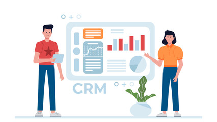 Sales rep updating CRM lead status flat vector illustration