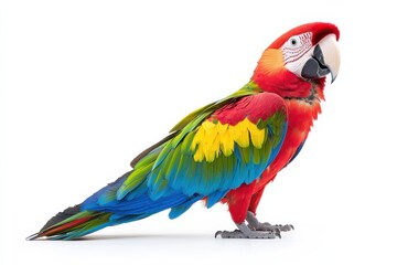 Fototapeta premium Majestic Scarlet Macaw Portrait Exotic Bird Colorful Plumage Wildlife Beauty Art on white background. Generative Ai