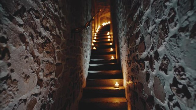 Candle-lit stairs leading up through dark stone hallway  