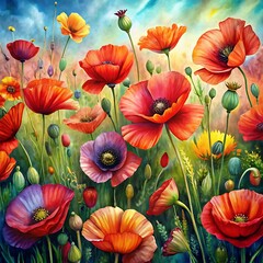 Painting of a field of red and yellow flowers