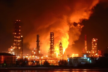 Fototapeta premium A large industrial plant is on fire, with smoke billowing into the sky