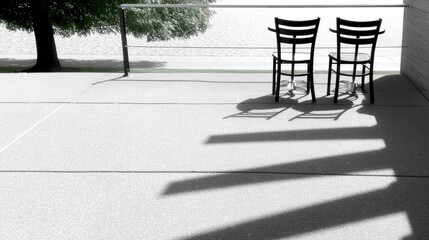 Metal Shutter Shadows on Sidewalk Cafe Chairs