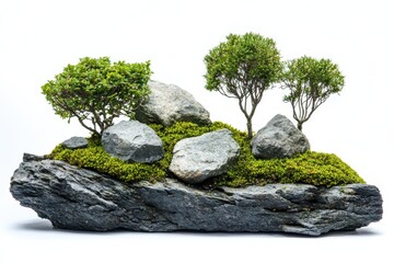 Miniature landscape rocky outcrop mossy trees bonsai zen garden nature habitat on white background. Generative Ai