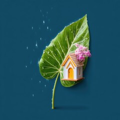 Miniature House on Dew-Covered Leaf with Pink Flowers