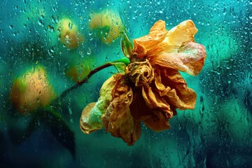 A flower is shown in a glass window with raindrops on it