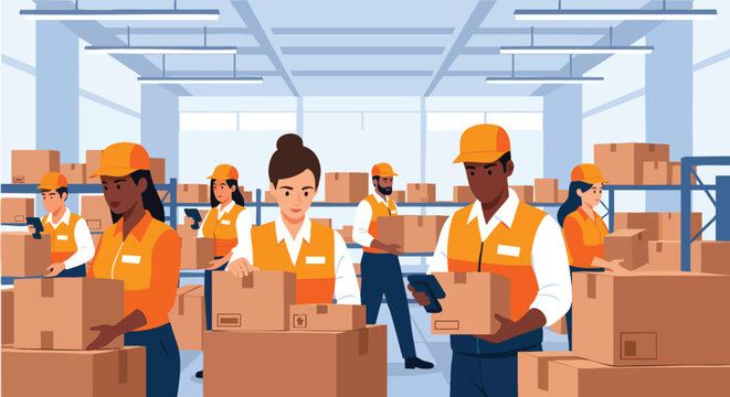 Team of Diverse Workers Handling Cardboard Boxes in a Modern Industrial Warehouse Setting