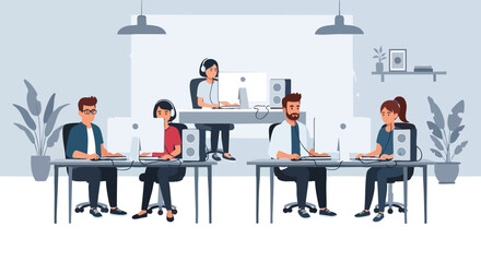 Customer Support Agents Working With Headsets And Computers In Modern Open Plan Office