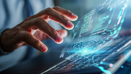 Corporate Executive Interacting with Advanced Hologram Interface for Business Intelligence, Analytics, and Strategy Planning