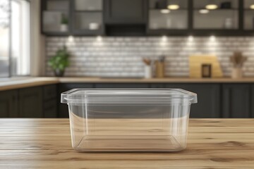 Glass food storage container with lid, large rectangular bowl, clear plastic blank packaging mockup on a wooden table in a modern kitchen interior background